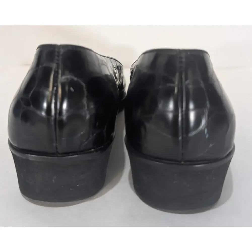 Salvatore Ferragamo Black‎ Croc Embossed Leather Wedge Pumps Size 8B